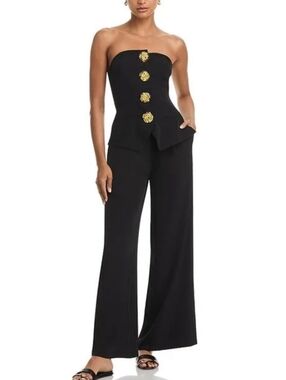 NWT AQUA Black Strapless Peplum Wide-Leg Jumpsuit with Gold Buttons